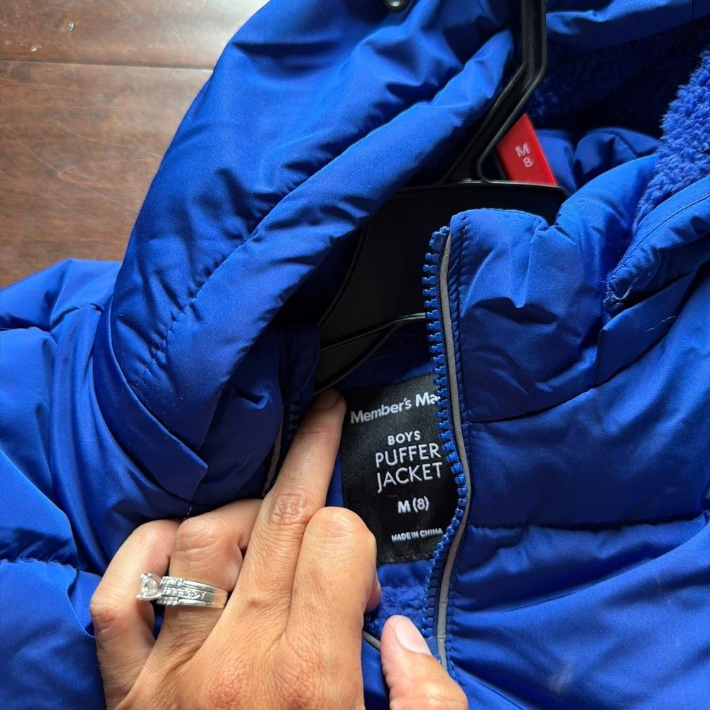 Members Mark Boys Blue Puffer Jacket Removable Hood Sherpa Lined Medium 8 NEW